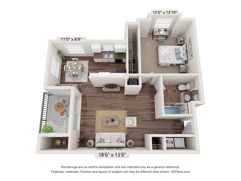 Floor plan for 1 bed, 1 bath, 879 sqft